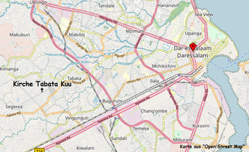Stadtkarte der Gemeinde in Tabata. Markiert wurden die Kirche Tabata Kuu und Dar es Salaam.
