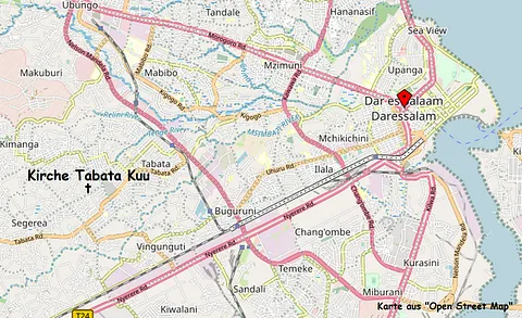 Stadtkarte der Gemeinde in Tabata. Markiert wurden die Kirche Tabata Kuu und Dar es Salaam.