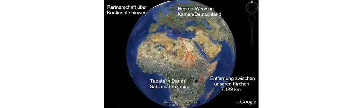 Satellitenbild der Erde. Eine rote Linie verbindet Heeren-Werve und Tabata. In einem Schriftzug wird die Entfernung von 7.129 km aufgezeigt.