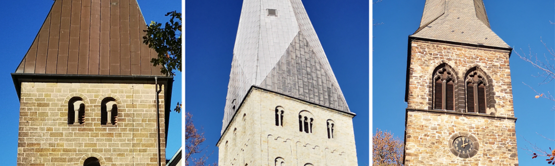 Drei Bilder, die jeweils die spitze der Kirchen in Kamen, Mehtler und Heeren-Werve zeigen.